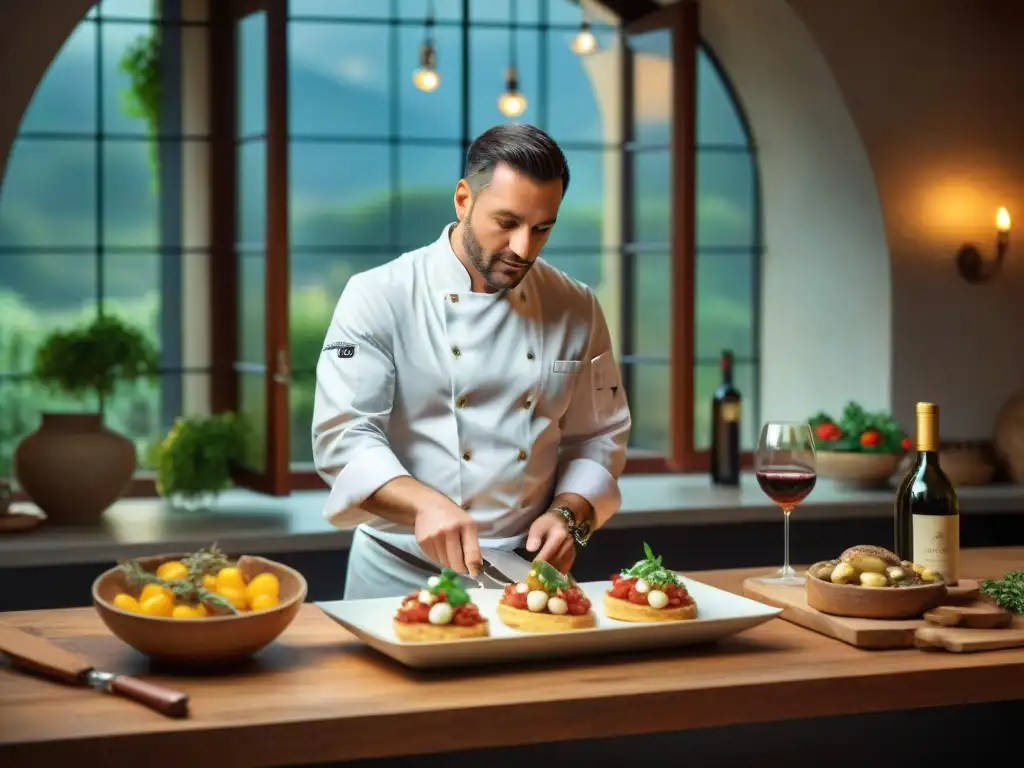 Un ambiente acogedor y sofisticado en una cocina italiana tradicional, perfecta para un maridaje de vinos