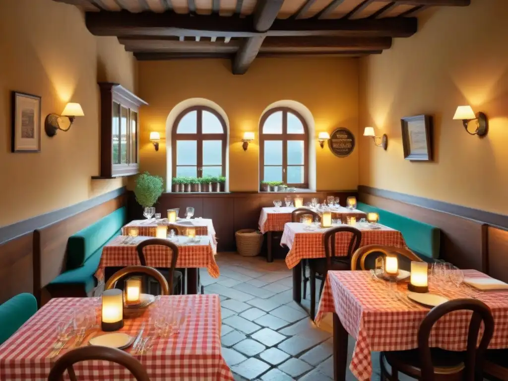 Ambiente acogedor de Trattoria en el norte de Italia con mesas de madera, mantel de cuadros, velas y estantes de vino, chef preparando pasta fresca
