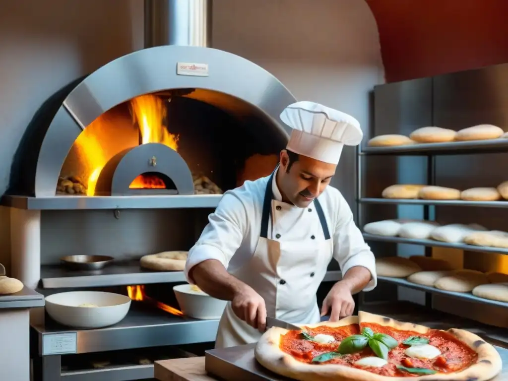 Un ambiente auténtico en una pizzería familiar de Capri, con un chef preparando una pizza napolitana rodeado de ingredientes frescos