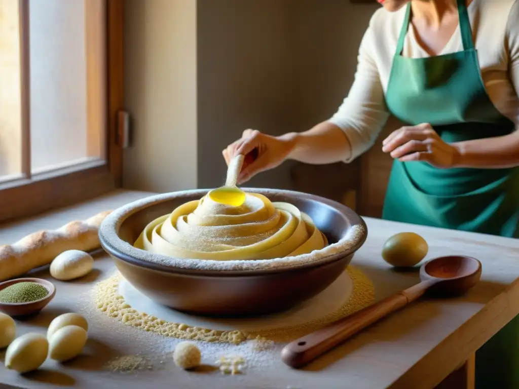 Un ambiente cálido y acogedor en una cocina italiana tradicional con los ingredientes clave para preparar taralli