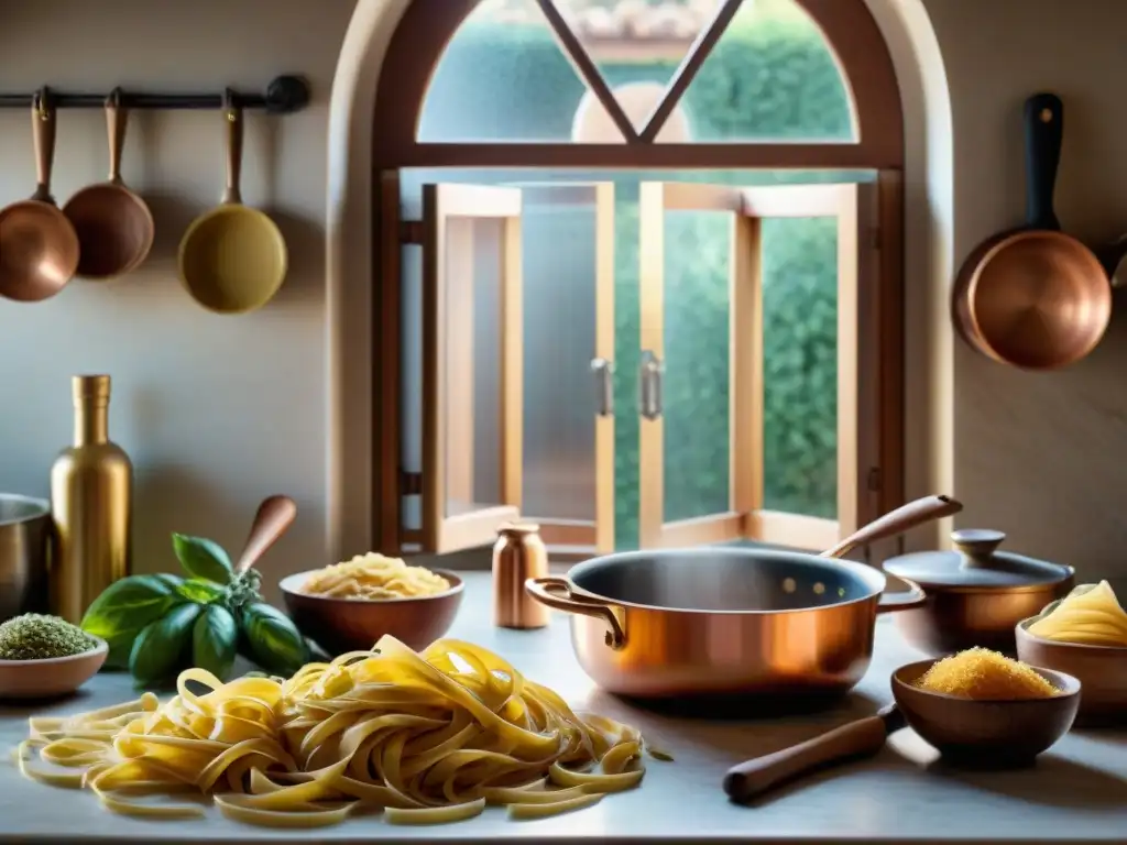 Un ambiente cálido y auténtico de una cocina italiana tradicional, con utensilios de cocina italianos y un chef haciendo pasta a mano