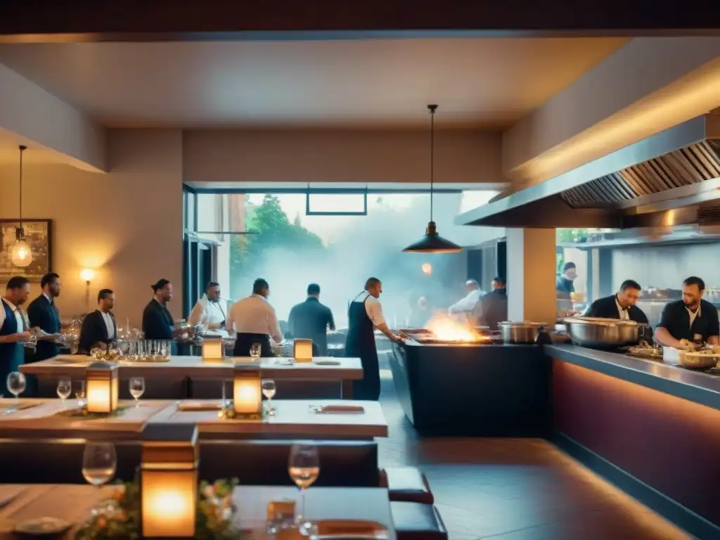 Ambiente cálido en restaurante italiano: chefs ocupados, comensales charlando y banda en vivo