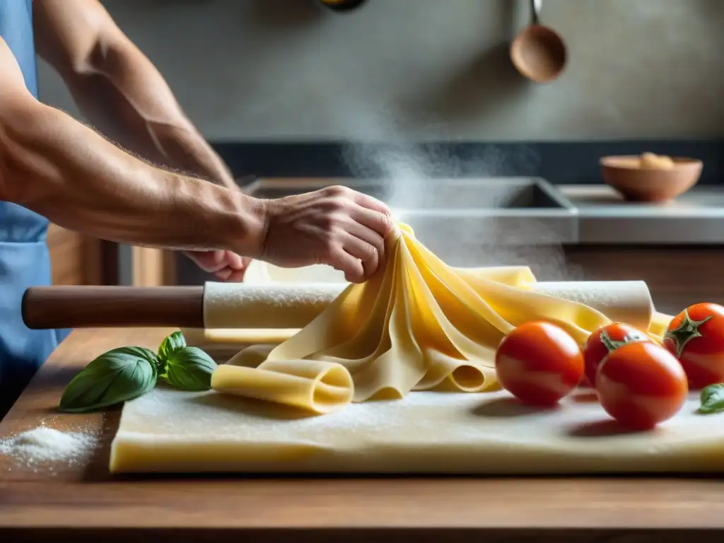 Un ambiente cálido y seductor en una cocina italiana moderna con manos expertas estirando pasta fresca