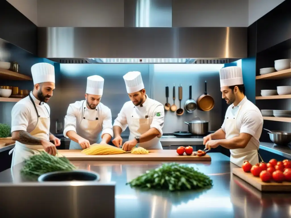 Un ambiente de cocina italiana moderna, con chefs preparando platos vibrantes entre libros y especias