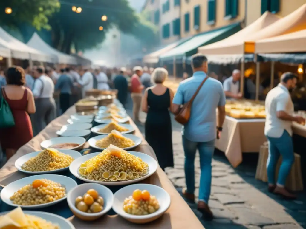 Ambiente festivo en festival de comida italiana al atardecer, con luces brillantes y delicias culinarias