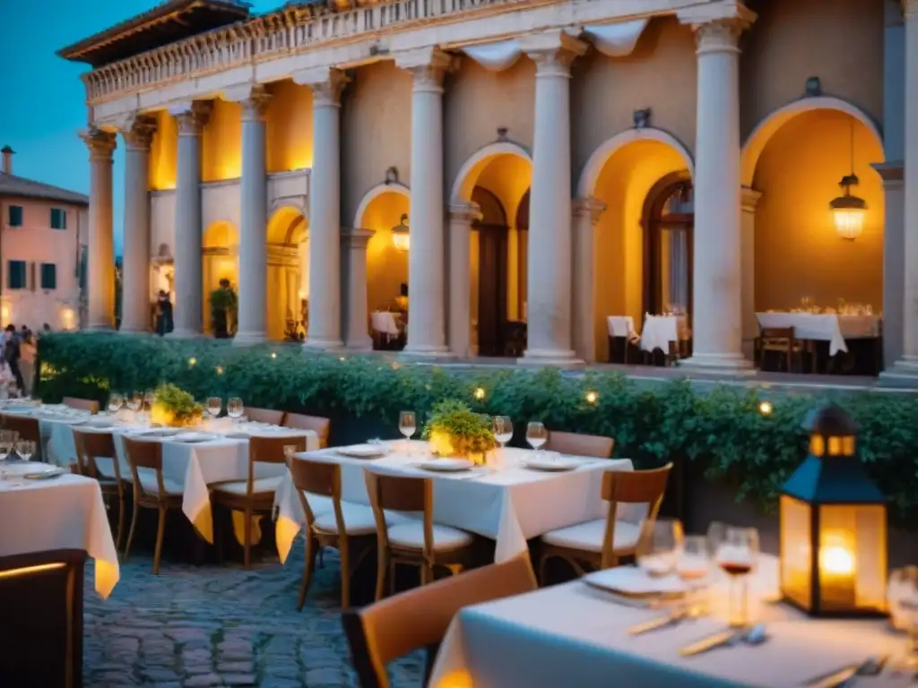 Ambiente mágico en restaurante italiano al aire libre con platos icónicos de la cocina italiana