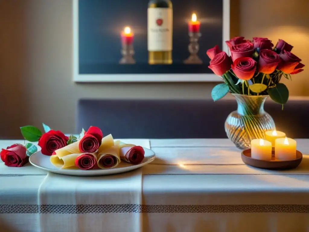 Ambiente romántico en la mesa de un restaurante italiano con vino Chianti, pasta fresca y rosas rojas