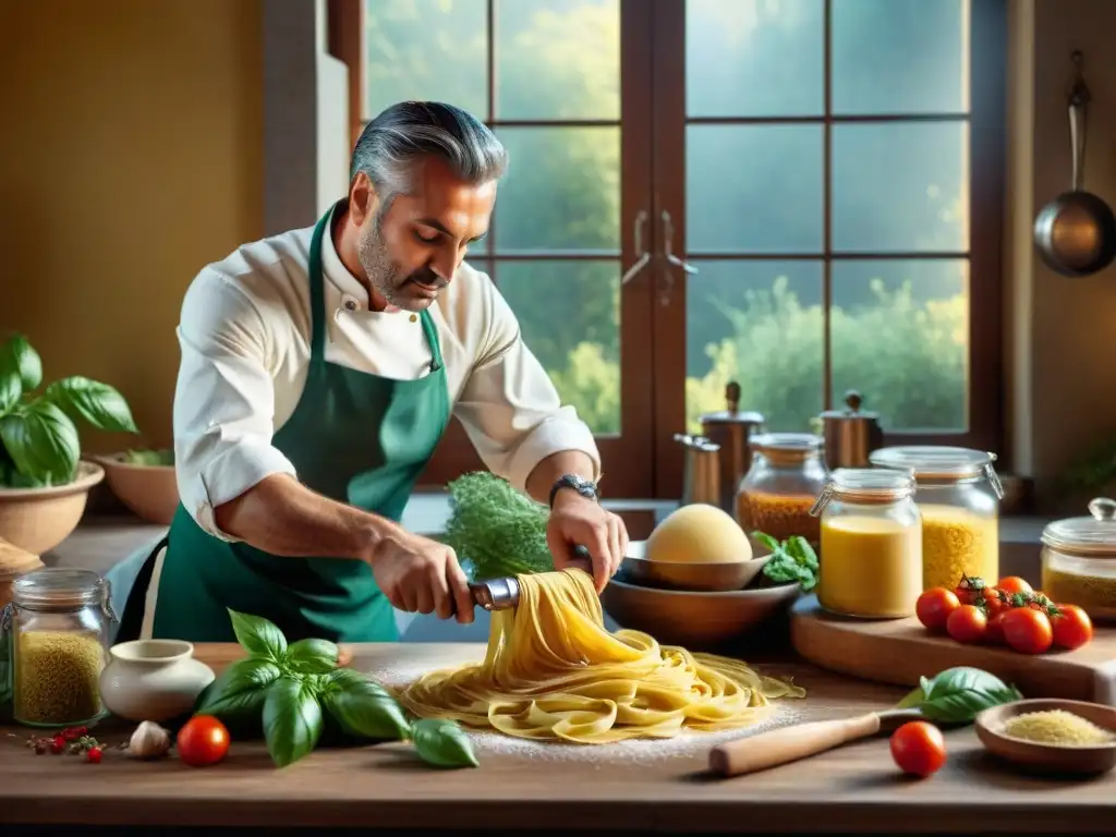 Un ambiente rústico italiano con utensilios vintage, especias coloridas, ingredientes frescos y una máquina de pasta en acción