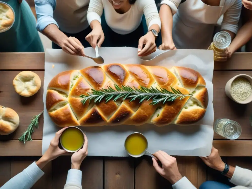 Amigos disfrutan focaccia casera en mesa rústica con ingredientes italianos