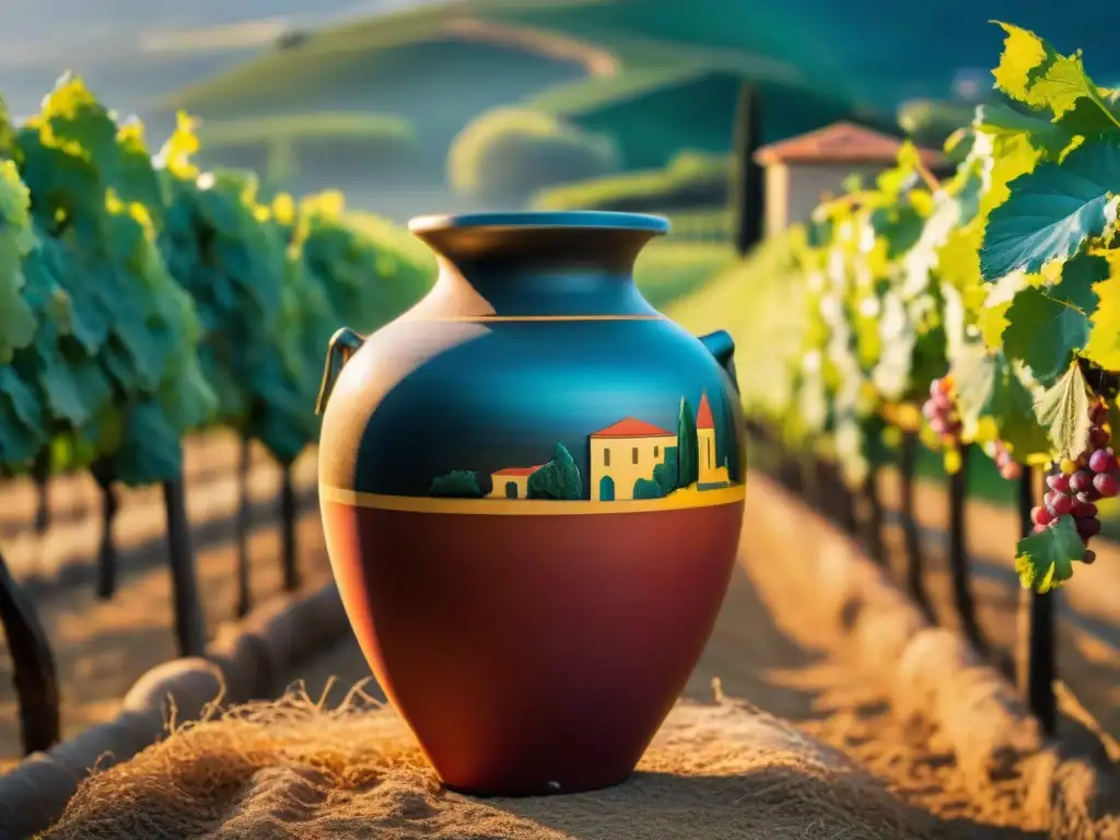 Amphora griega guardando vino italiano en viñedo bajo el sol dorado: influencias griegas en viticultura italiana