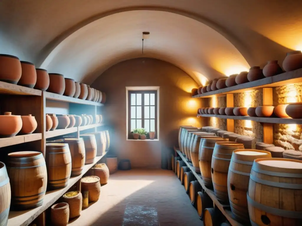 Un rincón ancestral de fermentación en la cocina italiana, lleno de barriles y alimentos tradicionales en una bodega rústica