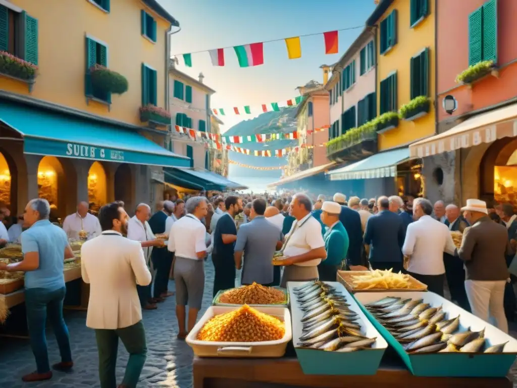 Degustación de anchovas en el bullicioso festival de Monterosso, con músicos y arquitectura vibrante al sol de Liguria