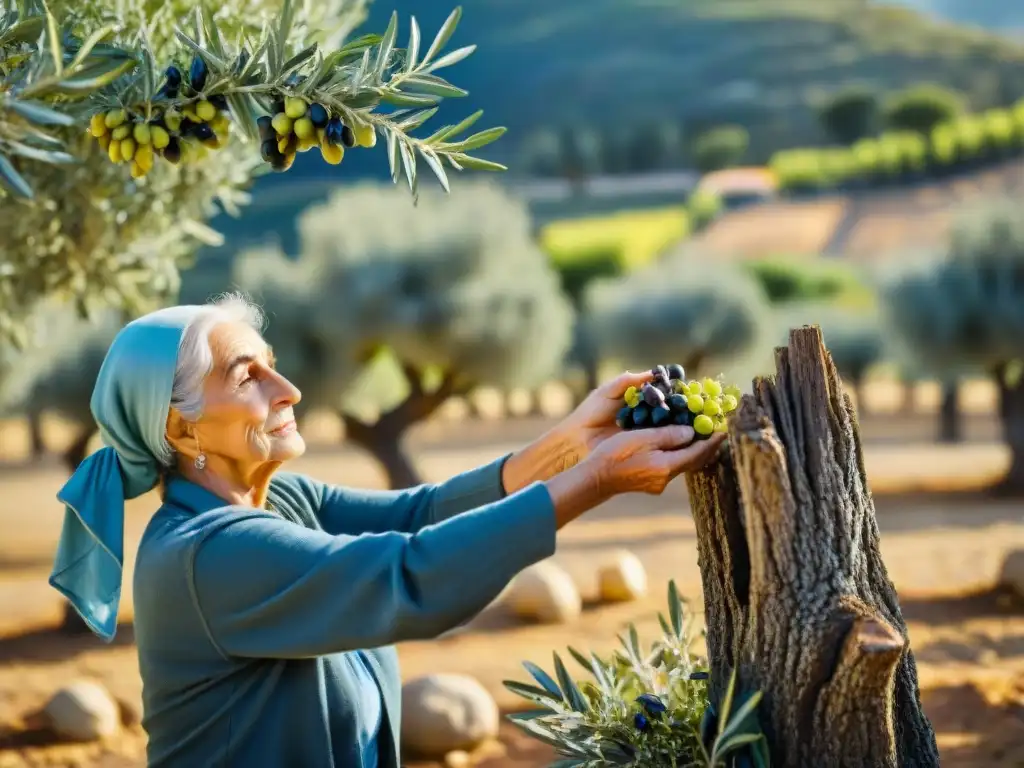 Anciana recolectando aceitunas en un olivar mediterráneo, transmitiendo la esencia de la producción de aceite de oliva premium