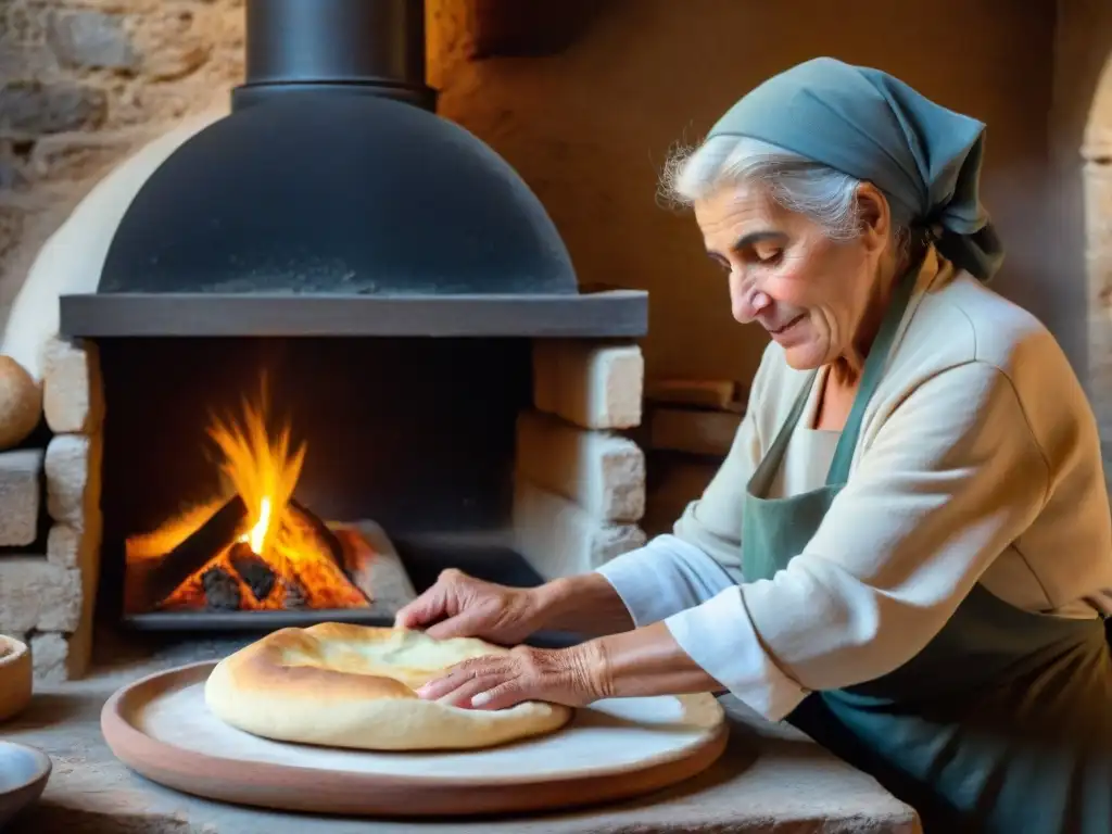 La anciana sarda experta en estirar masa de Pane Carasau sobre fuego abierto, reflejando la tradición culinaria de la isla