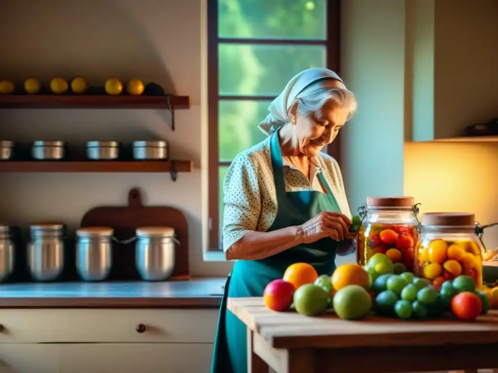 Una anciana prepara y envasa frutas en almíbar en una cocina italiana tradicional, conservación frutas estilo italiano