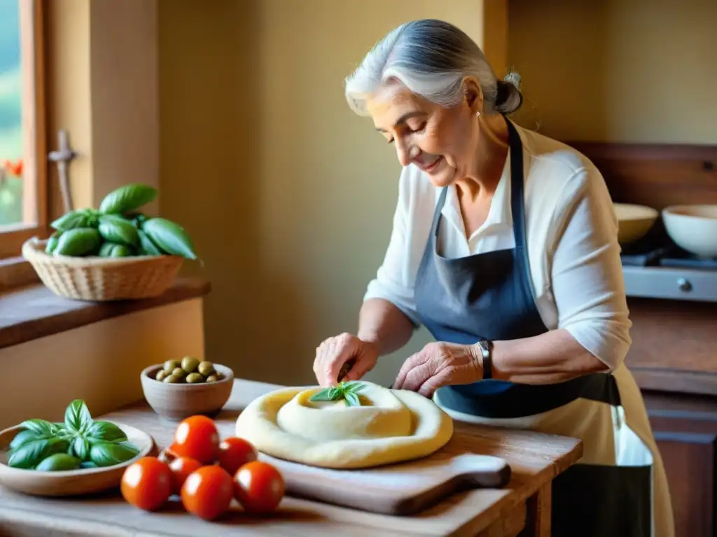 Una anciana italiana amasa masa fresca en una cocina campesina tradicional, con productos locales vibrantes