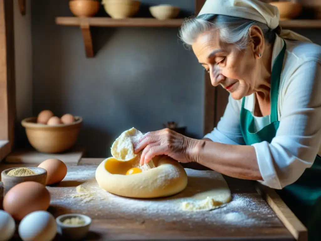 Una anciana italiana amasa masa para pasta casera en una cocina rústica, transmitiendo longevidad con cocina italiana