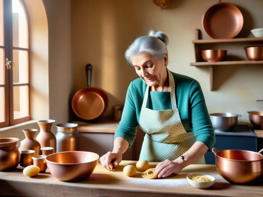 Una anciana italiana amasa pasta en una cocina rústica llena de utensilios de cobre y madera