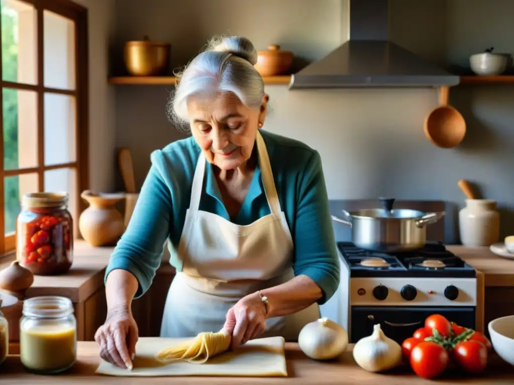 Una anciana italiana amasa pasta fresca en una cocina soleada llena de utensilios antiguos y conservas caseras