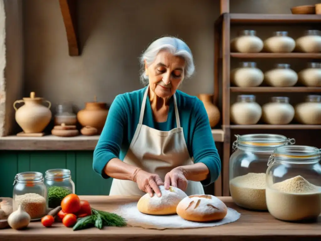 Una anciana italiana amasa con amor masa para pan de masa madre, rodeada de frascos de vegetales fermentados en una cocina rústica que irradia calidez e historia