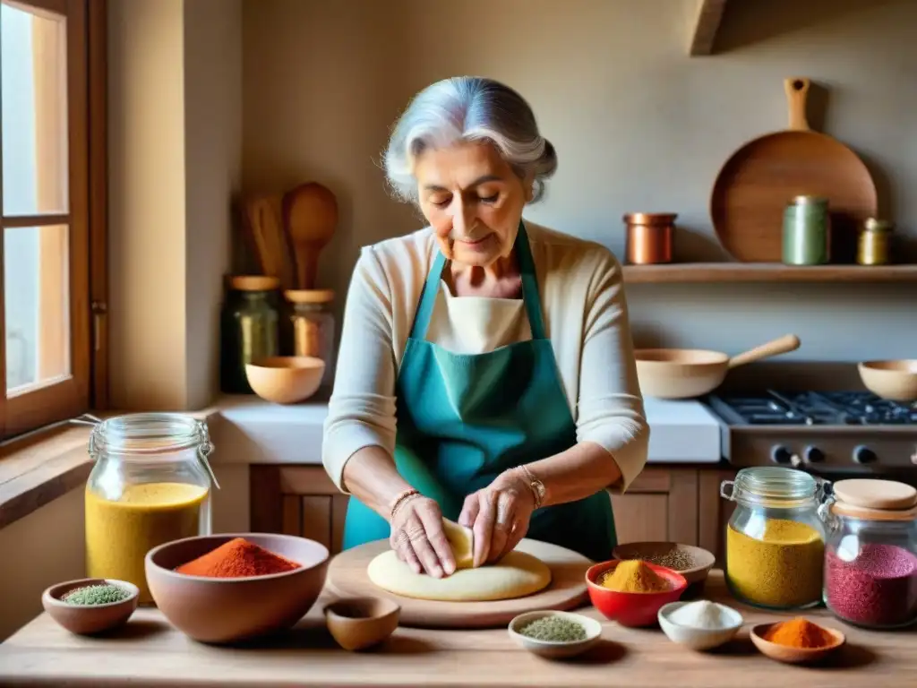 Una anciana italiana amasa con amor en mesa rústica, rodeada de especias y ingredientes