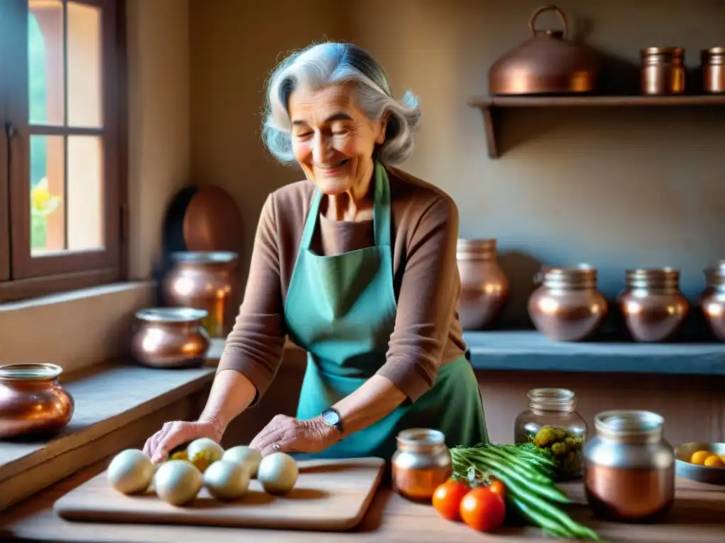 Una anciana italiana con cabello plateado amasa masa en una cocina rústica llena de conservas y utensilios de cobre, irradiando la esencia de la alimentación comunitaria en Italia