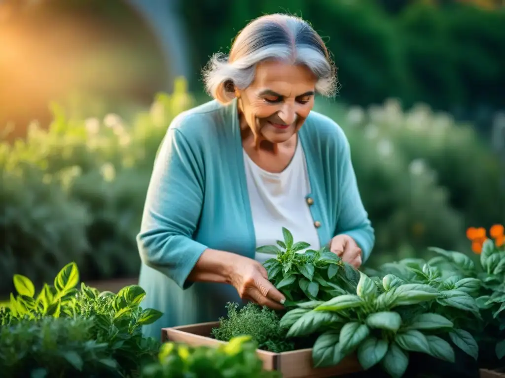 Una anciana italiana cuida con cariño su jardín de hierbas lleno de albahaca, orégano y romero bajo el sol dorado de la tarde