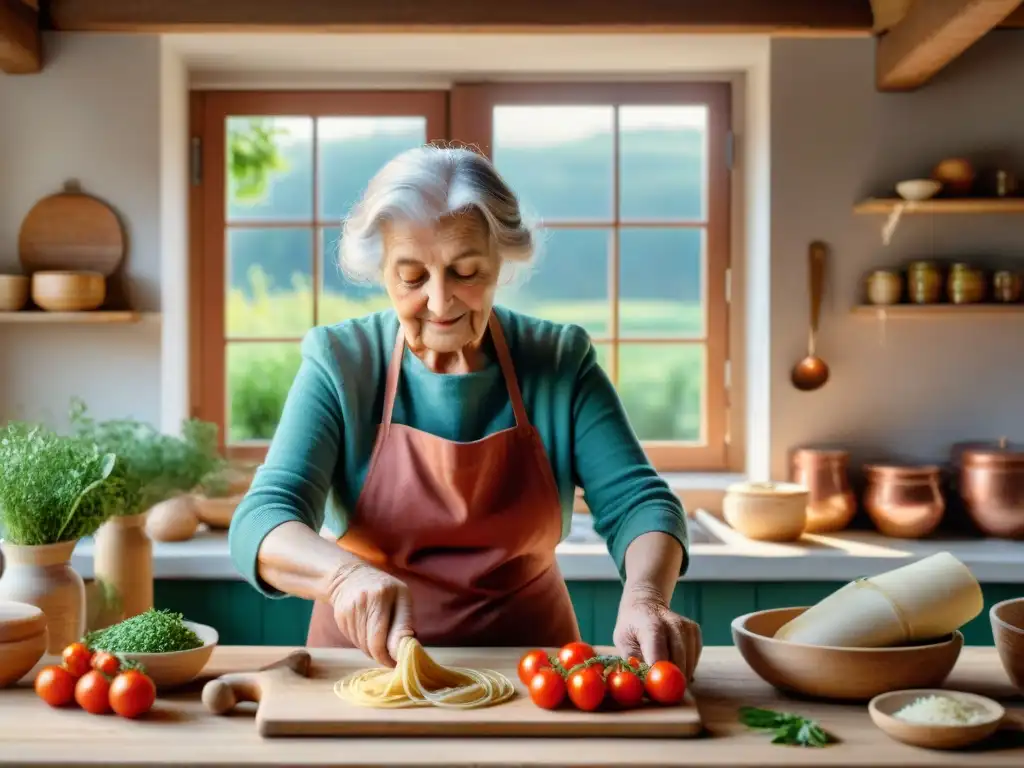 Una anciana italiana cocina pasta casera en una cocina rústica: el aroma de recetas tradicionales llena el aire