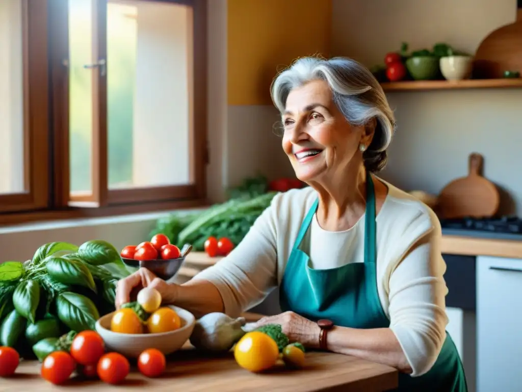 Una anciana italiana cocina con ingredientes frescos y coloridos para controlar diabetes con cocina italiana