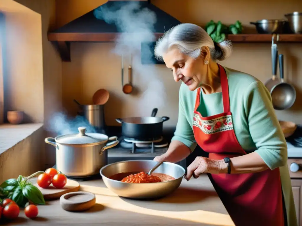 Una anciana italiana cocina salsa de tomate en una cocina rústica, transmitiendo la sabiduría culinaria para controlar diabetes con cocina italiana