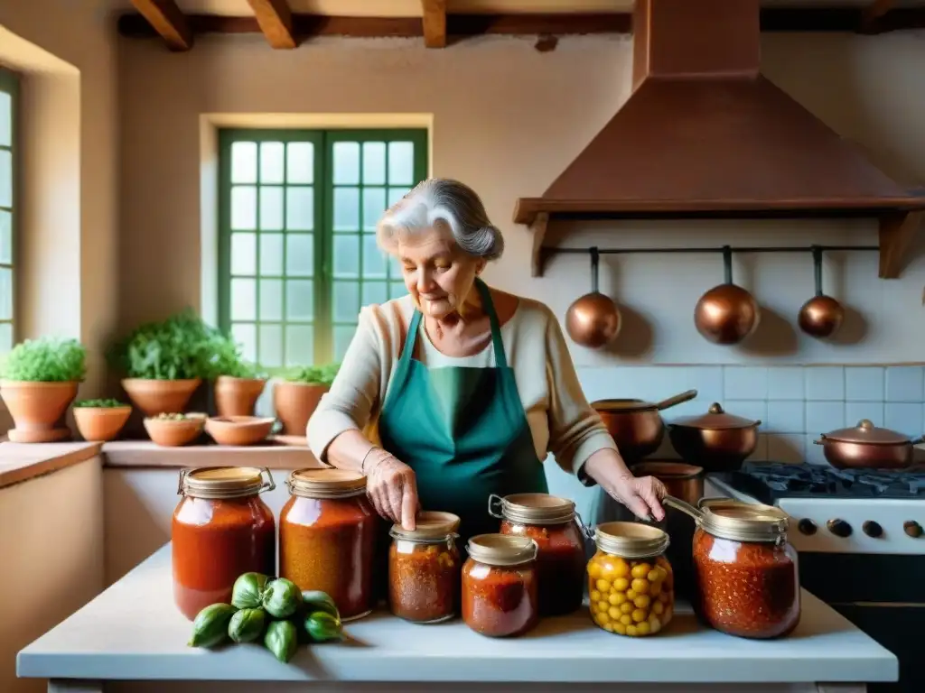 Una anciana italiana en una cocina tradicional, rodeada de frascos de conservas caseras, cocinando salsa de tomate en una estufa rústica