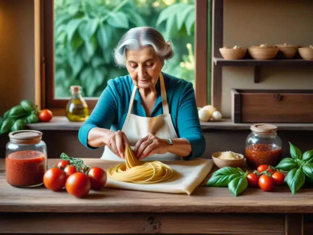 Una anciana italiana enrolla con destreza la masa de pasta en una mesa rústica, rodeada de tomates, albahaca y ajos frescos