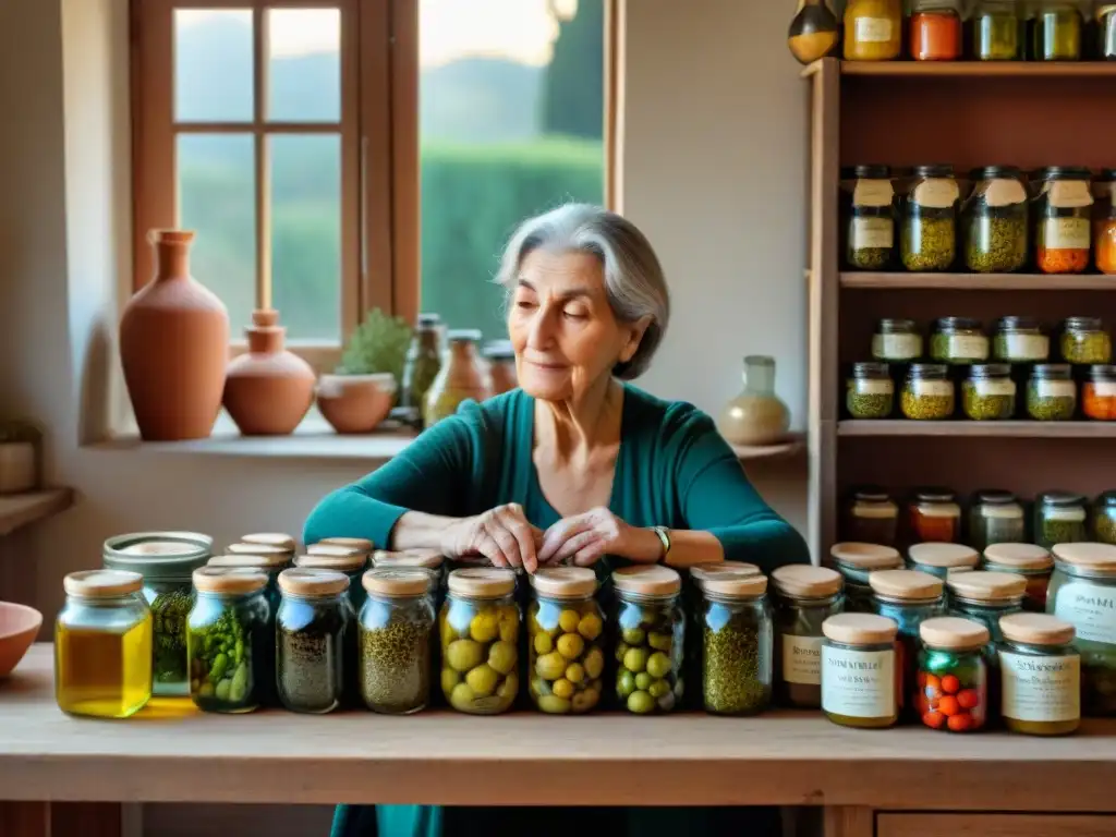 Una anciana italiana experta en conservación alimentaria con sal, preparando vegetales en su rústica cocina llena de colores y aromas