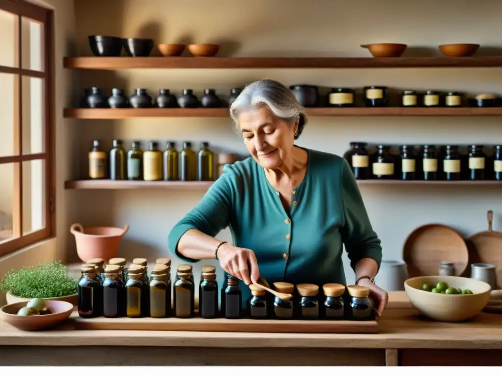 Una anciana italiana experta en cocina añeja vinagres en su rústica cocina, iluminada por el cálido sol de la tarde