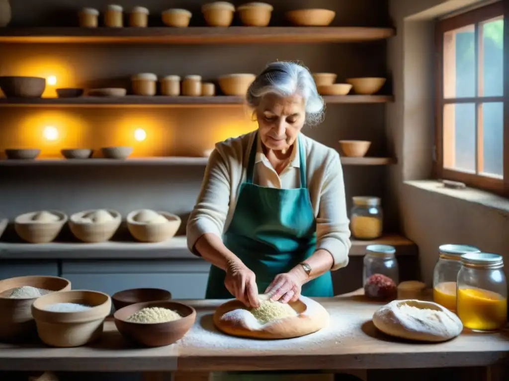 Una anciana italiana experta moldeando masa para pan de masa madre en una cocina rústica