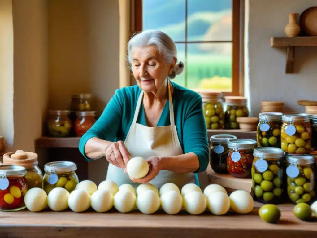 Una anciana italiana experta moldeando mozzarella, rodeada de alimentos fermentados caseros