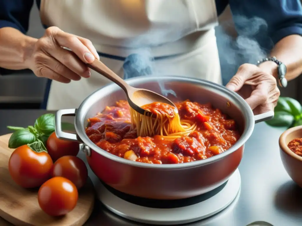 Una anciana italiana experta preparando Salsa Amatriciana auténtica en cocina tradicional