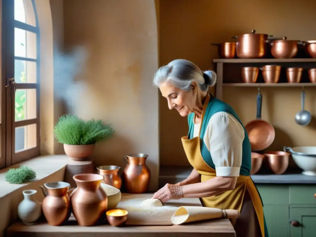 Una anciana italiana mezcla harina en una cocina vintage, siguiendo una receta antigua