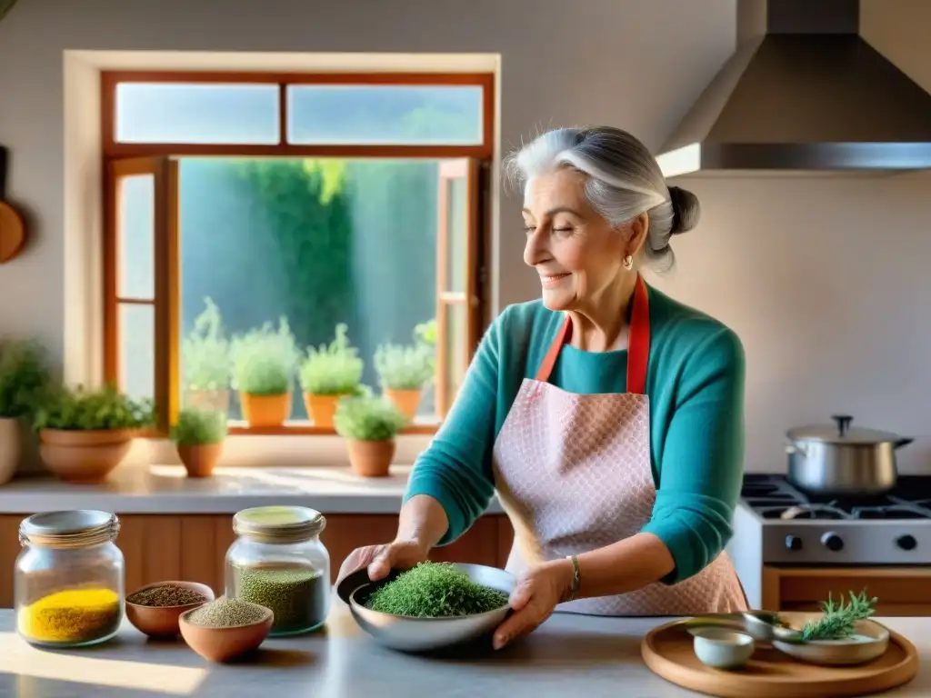 Una anciana italiana cocinando con ingredientes antienvejecimiento en una cocina llena de hierbas y especias vibrantes bajo la luz del sol