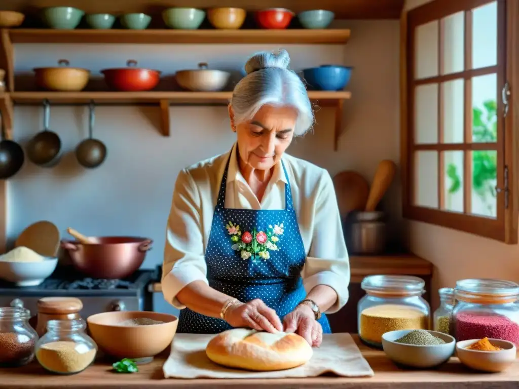 Una anciana italiana amasa masa en una cocina rústica, rodeada de utensilios vintage y especias coloridas