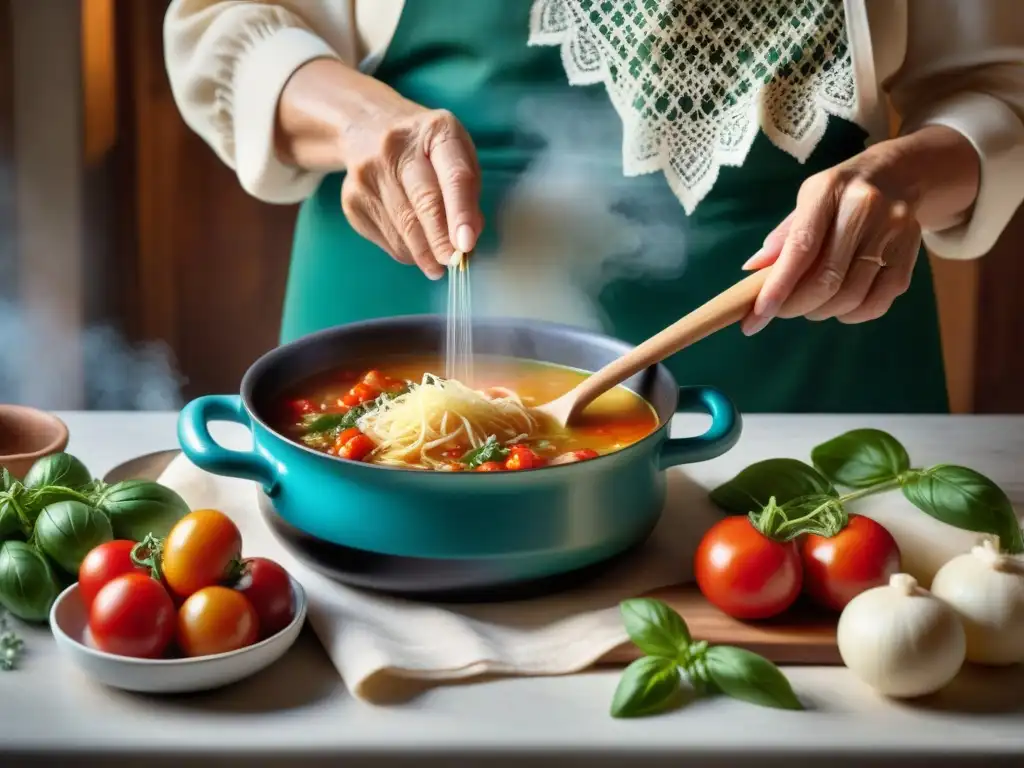 Una anciana nonna italiana remueve una olla de Minestrone vegetariana en una cocina rústica con ingredientes frescos