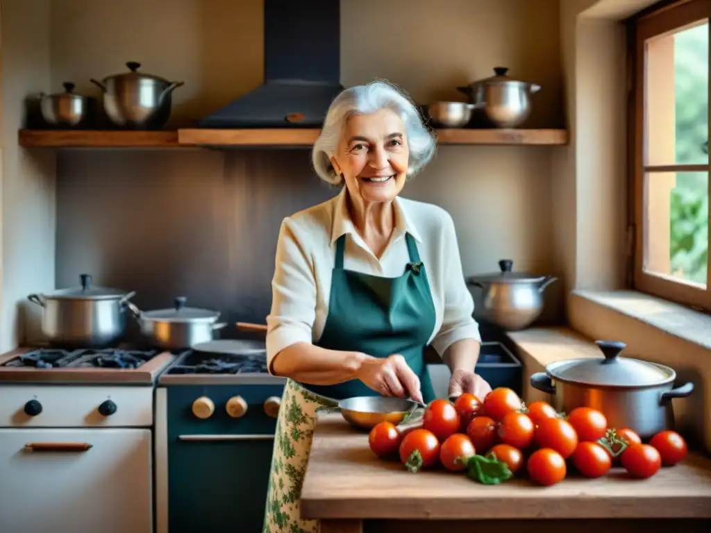 Una anciana italiana revuelve una olla de salsa de tomate en una cocina rústica