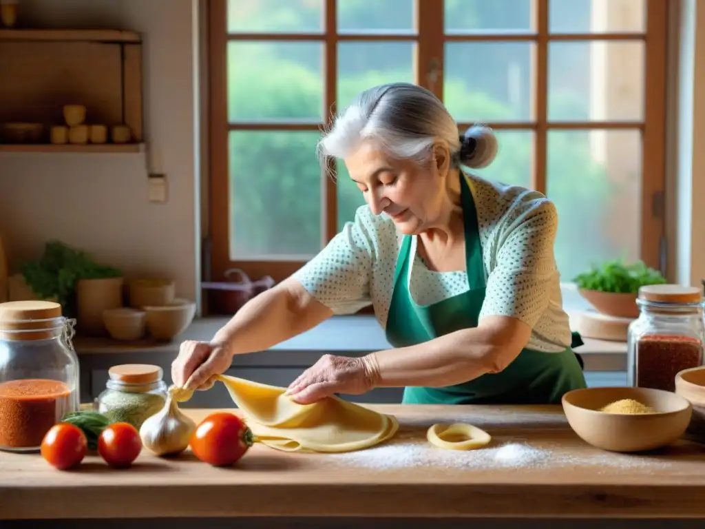 Una anciana italiana haciendo pasta casera en una cocina llena de ingredientes frescos y coloridos