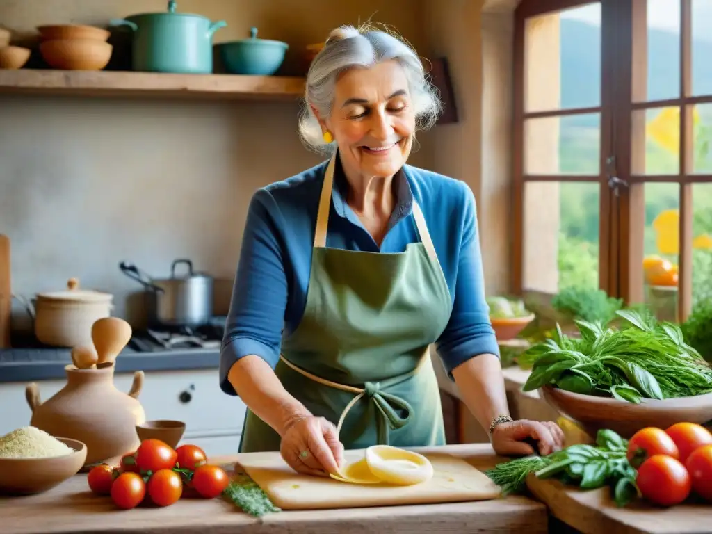 Una anciana italiana preparando pasta casera en una cocina rústica con ingredientes antienvejecimiento de la cocina italiana