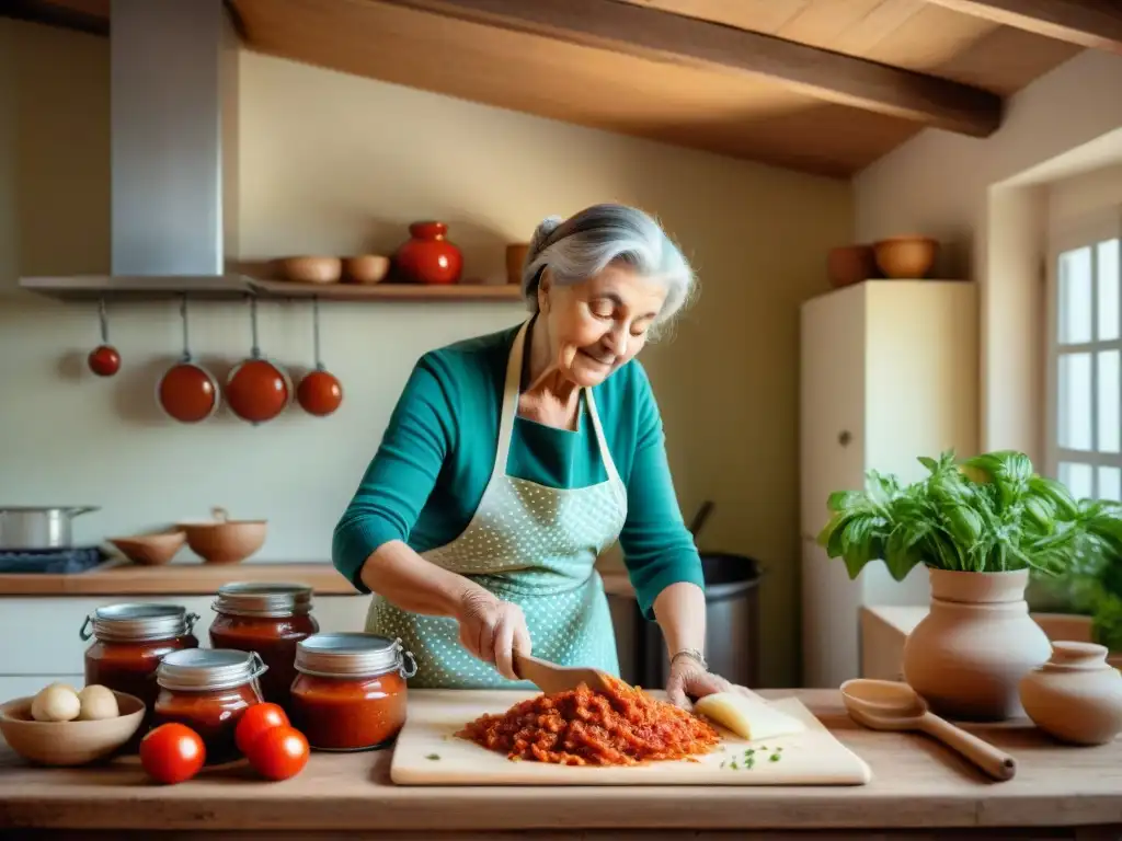 Una anciana italiana preparando pasta casera en una cocina tradicional, rodeada de salsa de tomate, hierbas frescas y un ambiente acogedor