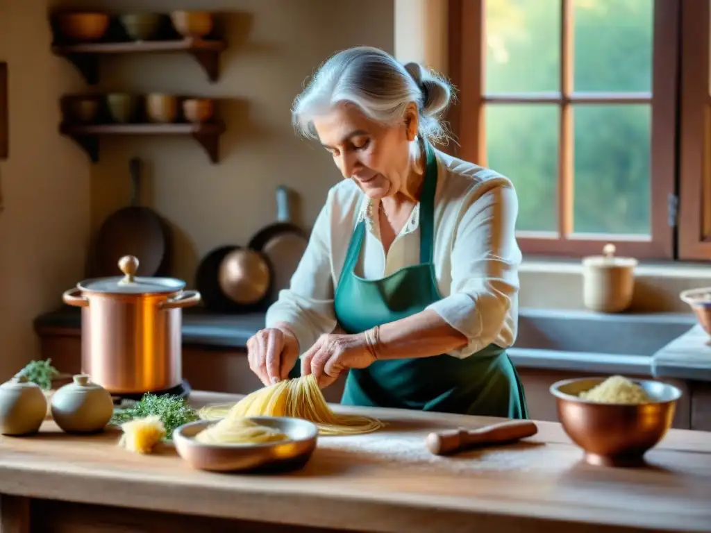 Una anciana italiana amasando pasta fresca en una cocina rústica llena de hierbas secas y ollas de cobre