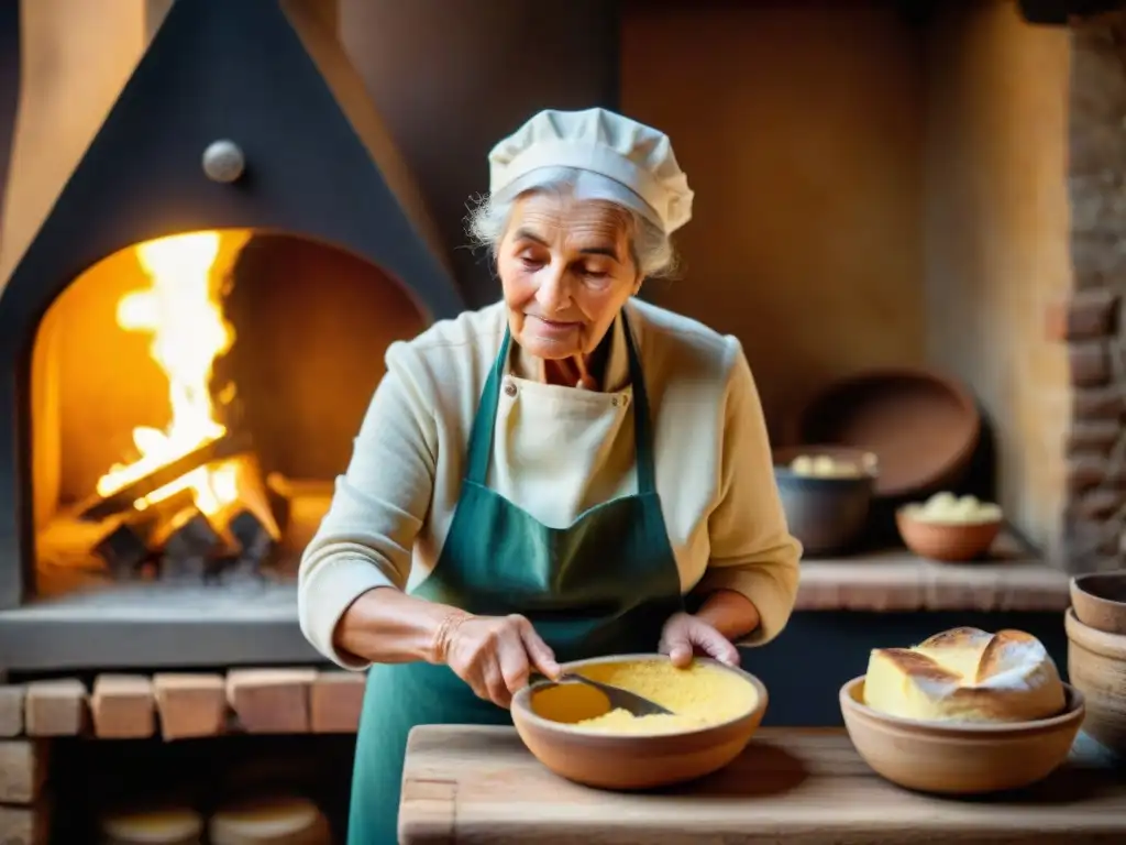 Una anciana italiana moldea polenta en un cuenco rústico frente a un horno de leña, reflejando tradición y calidez