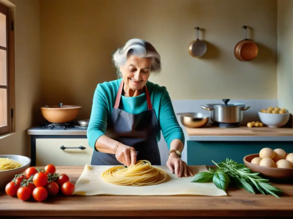 Tradición culinaria: Sabiduría italiana en la cocina Una anciana italiana sabia moldea pasta fresca en una cocina soleada, transmitiendo recetas cocina tradicional sur Italia a su familia