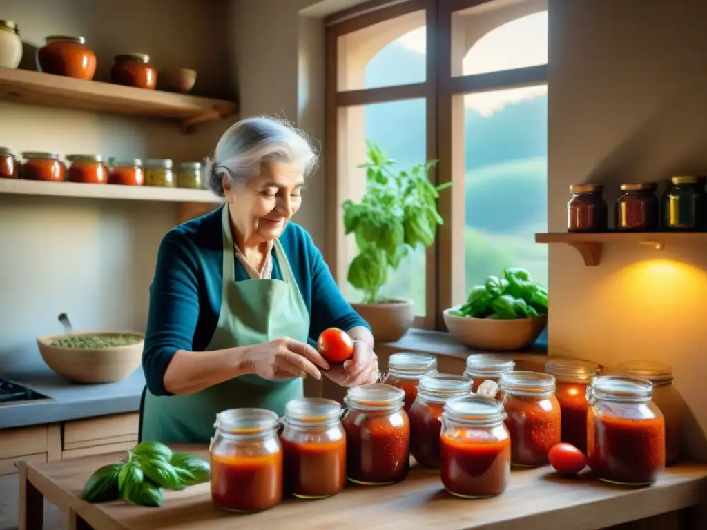 Una anciana italiana preserva salsa de tomate con técnicas tradicionales de conservación de alimentos en una cocina rústica