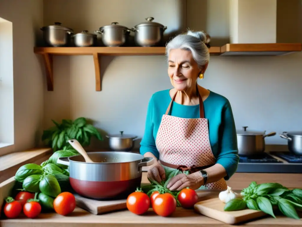 Una anciana italiana remueve salsa de tomate en una cocina rústica llena de luz solar